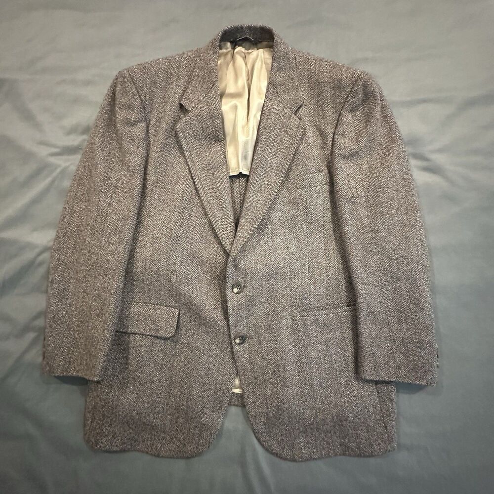 Vintage 80s Kingsridge Tweed Blazer Mens 44 Herringbone Wool Sport Coat Made USA